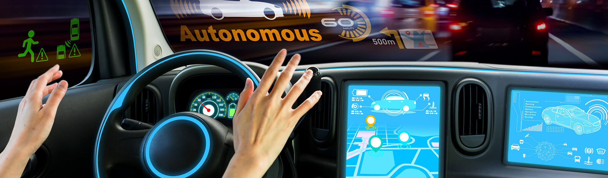 Autonomes Fahren, selbstfahrendes Auto, Haende weg vom Steuer